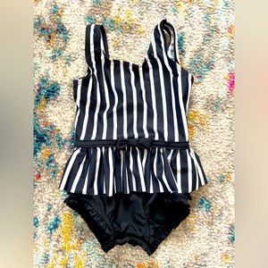 2T black and white strip ruffle butt swimsuit